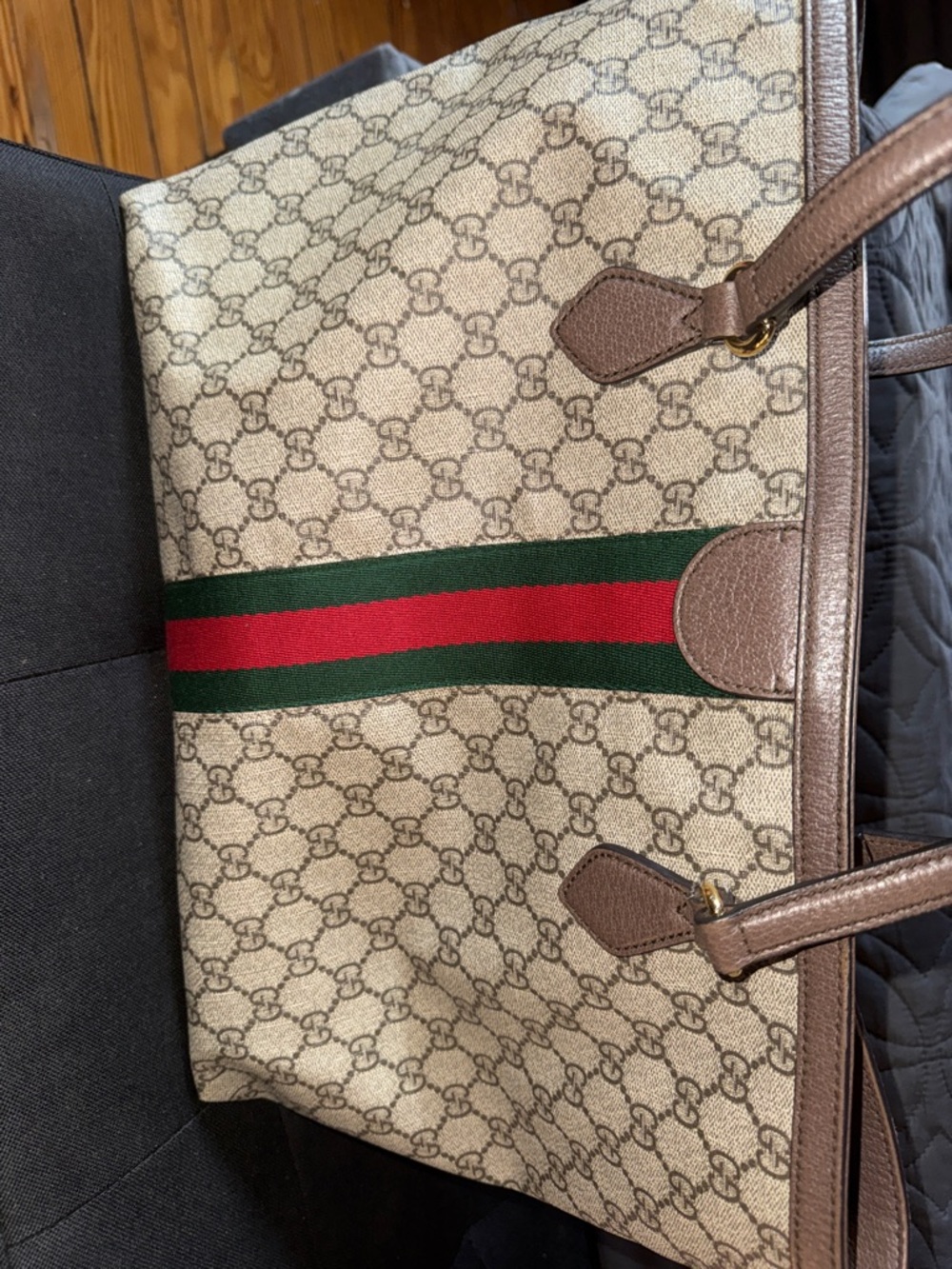 Gucci Beige GG Supreme Tote with Brown Leather and Red/Green Stripe - Picture 3 of 12